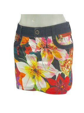 Bernini Womens Floral Mini Skirt Size 7 With Denim Accents